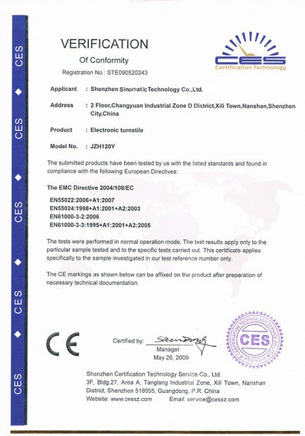 China SHENZHEN SINOMATIC TECHNOLOGY CO., LIMITED zertifizierungen